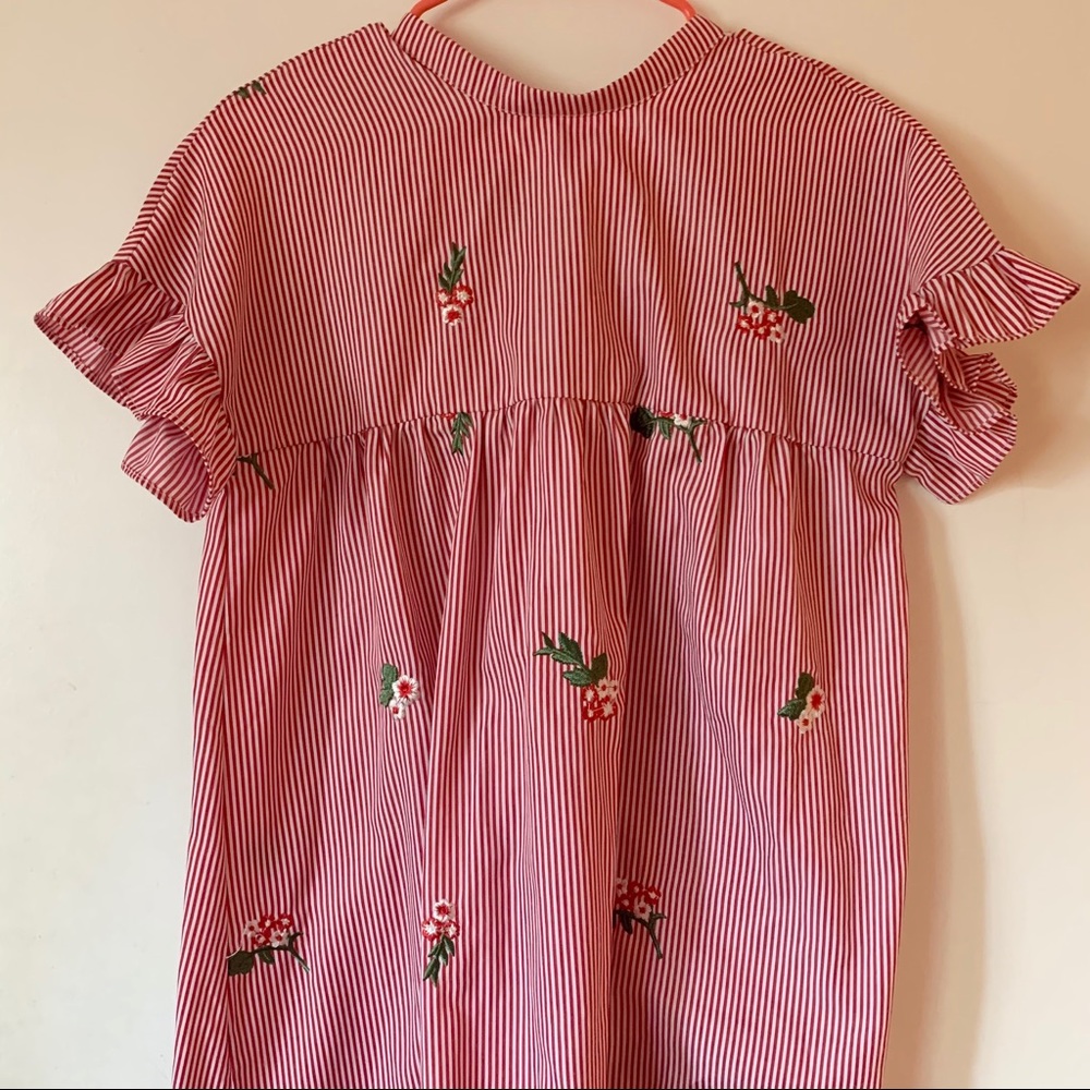 striped floral embroidered babydoll dress